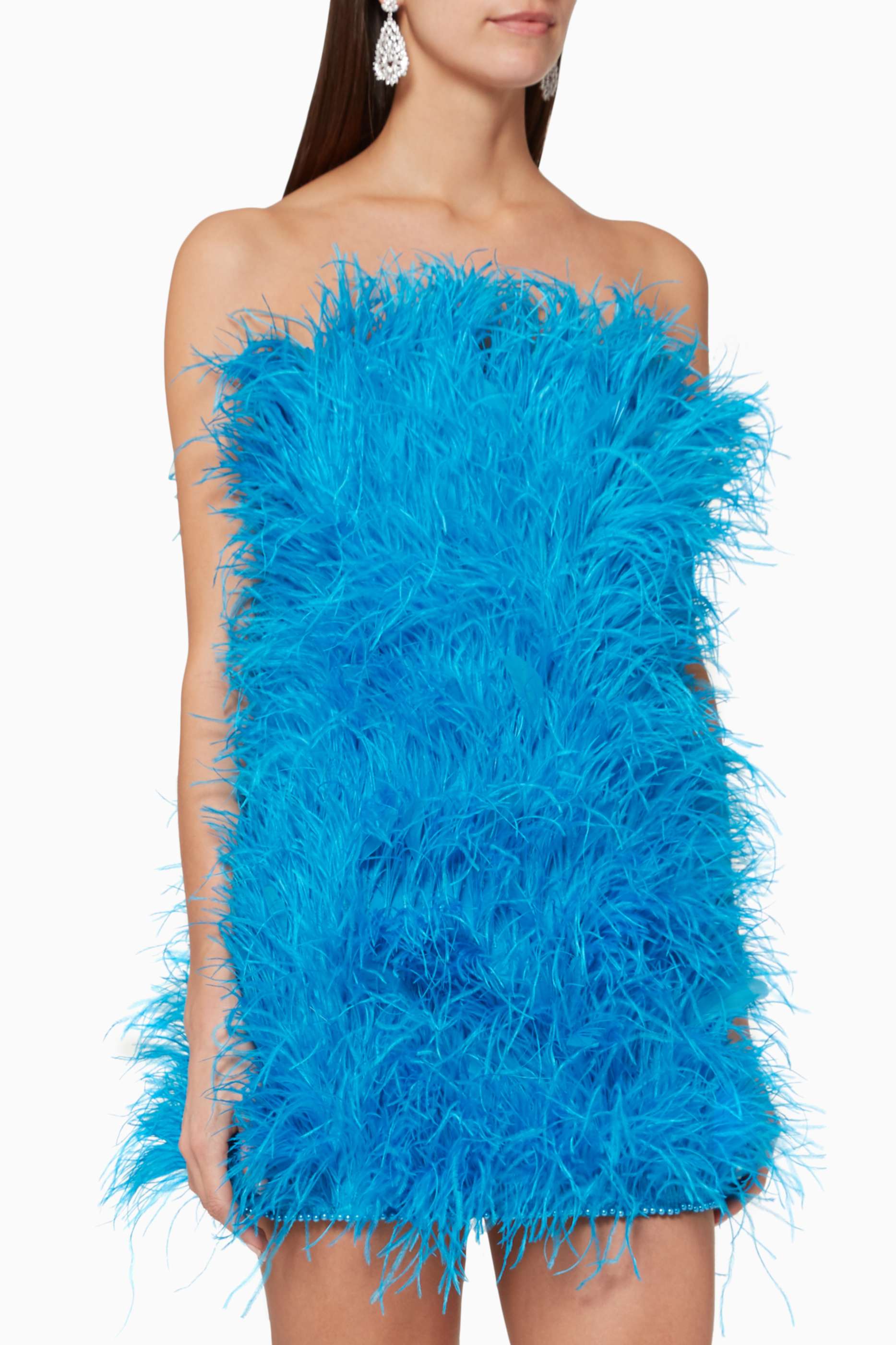 Shop Attico Blue Mini Feather Dress for ...